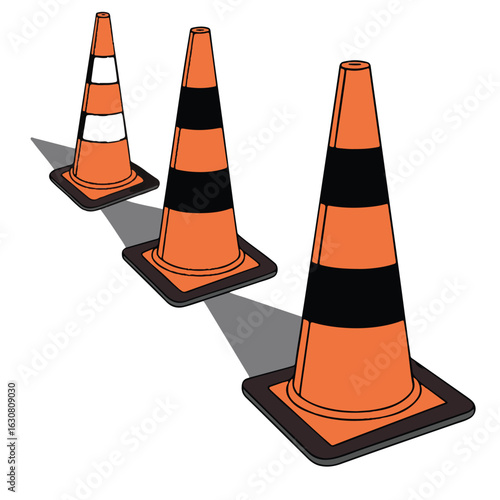Three orange and white traffic cones with black stripes are arranged in a row, casting shadows on an isolated on white background, used for road safety, construction, and hazard warning