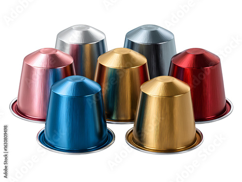 Set of colorful coffee capsules in a group isolated white background