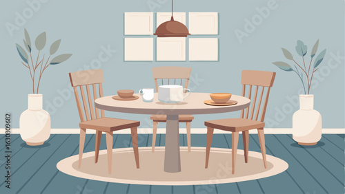 An airy dining room with a low round wooden table and a set of simple white chairs. The table is set with elegant mutedcolored dishes and a striking woven clay centerpiece.