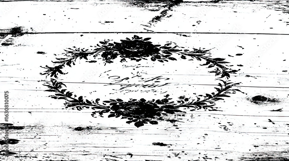 Naklejka premium Ornate floral wreath design on distressed wooden planks.