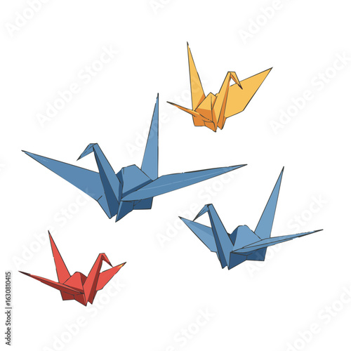 Vector illustration of folded origami cranes on white background