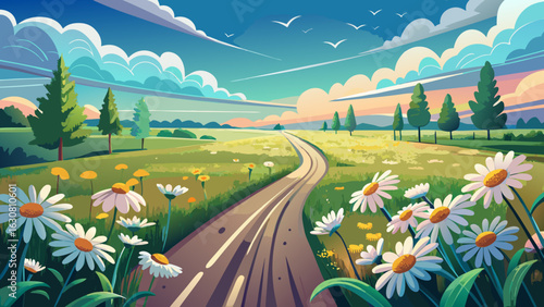 Daisies bloom beside the quiet lanes. Distant farms rest under soft clouds. Birds circle above meadows. Asphalt gleams faintly, untouched by traffic—framing perfect solitude in endless natural harmony