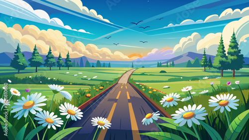 Daisies bloom beside the quiet lanes. Distant farms rest under soft clouds. Birds circle above meadows. Asphalt gleams faintly, untouched by traffic—framing perfect solitude in endless natural harmony