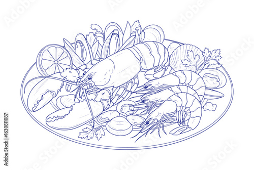 fresh seafood served on a plate with a sketch art style	