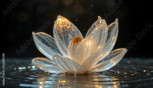translucent magnolia made of icy glass, edges slightly frosted, warm golden light shining through,