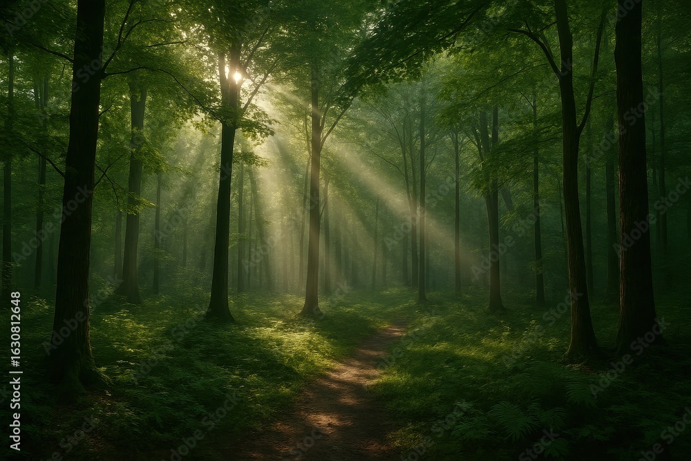 Fototapeta premium Serene nature sanctuary with filtered sunlight and peaceful woodland atmosphere