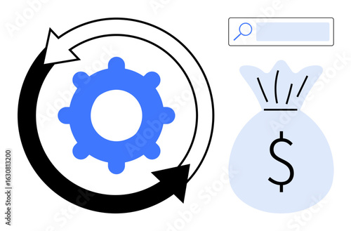 Gear encircled by arrows, money bag with dollar sign, search bar symbolizing optimization, funding, workflow efficiency. Ideal for business, finance, innovation, productivity marketing investment