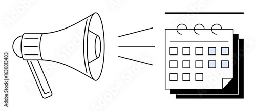 Loudspeaker amplifies message towards a marked spiral-bound calendar representing scheduling, planning, and announcements. Ideal for marketing, event planning, reminders, communication, deadlines