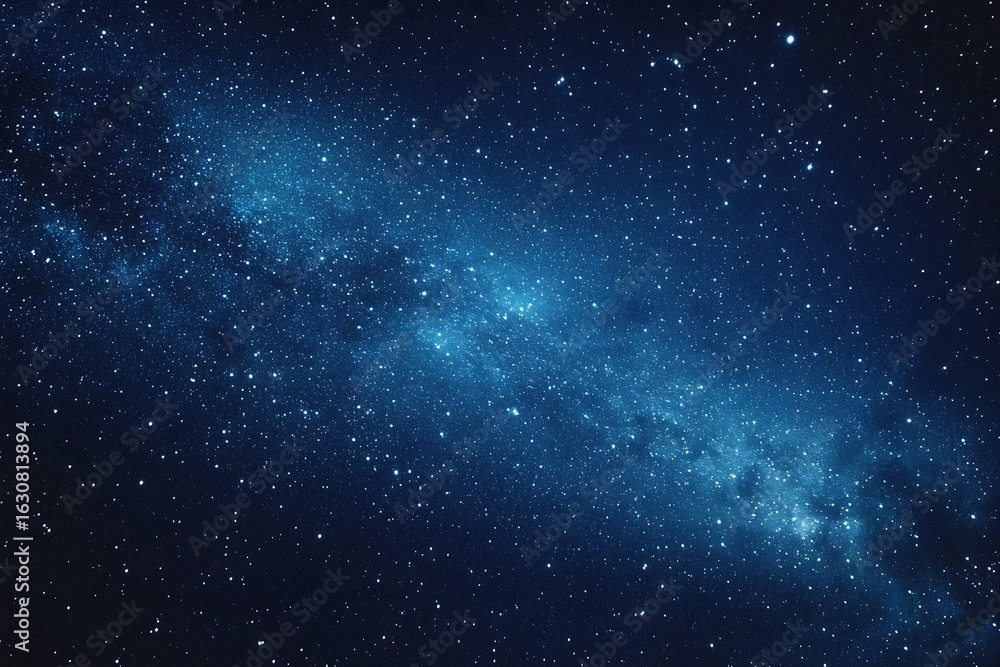 Fototapeta premium Starry sky background, blue night sky full of stars, glowing stars in the dark space, starry background, dark night, stars in the distance, starlight, dark background with a blue glow, night sky.