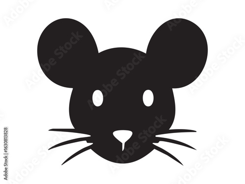 Black silhouette of mouse facing forward, isolated on white background. concept of rodent, animal icon, logo, wildlife, pet illustration, design element, outline artwork.