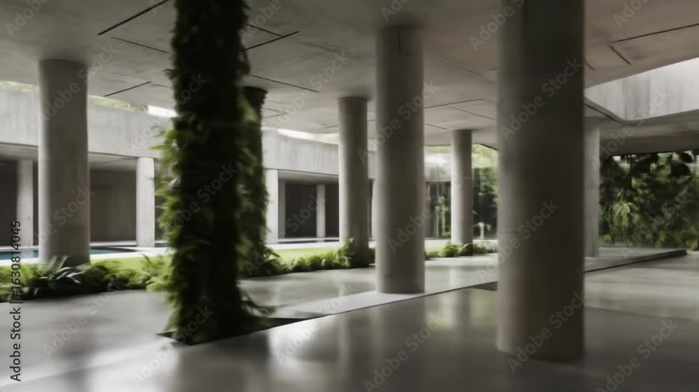 custom made wallpaper toronto digitalModern architectural interior design features unique concrete columns and lush greenery in a spacious open space. 4k video
