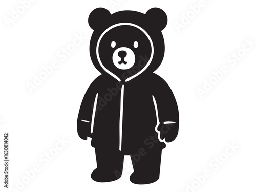 Black silhouette of toy bear in hooded outfit, isolated on white background. concept of cute bear, playful costume, childhood icon, cozy design element, minimalist art.