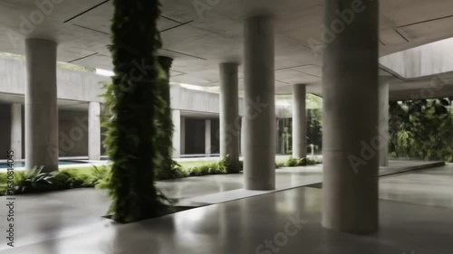 Wallpaper Mural Modern architectural interior design features unique concrete columns and lush greenery in a spacious open space. 4k video Torontodigital.ca