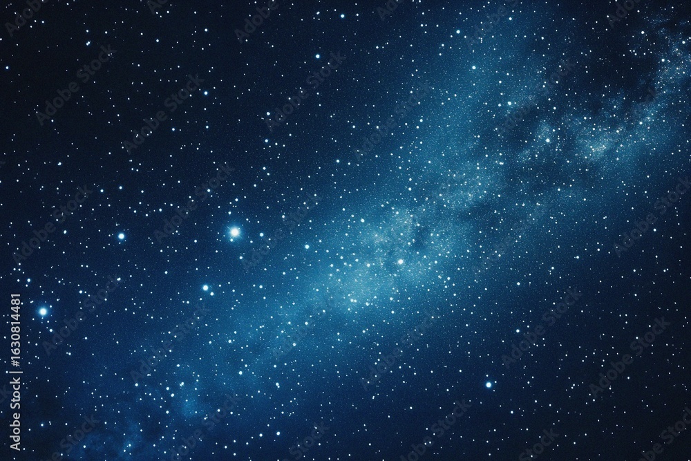Obraz premium Starry sky background, blue night sky full of stars, glowing stars in the dark space, starry background, dark night, stars in the distance, starlight, dark background with a blue glow, night sky.