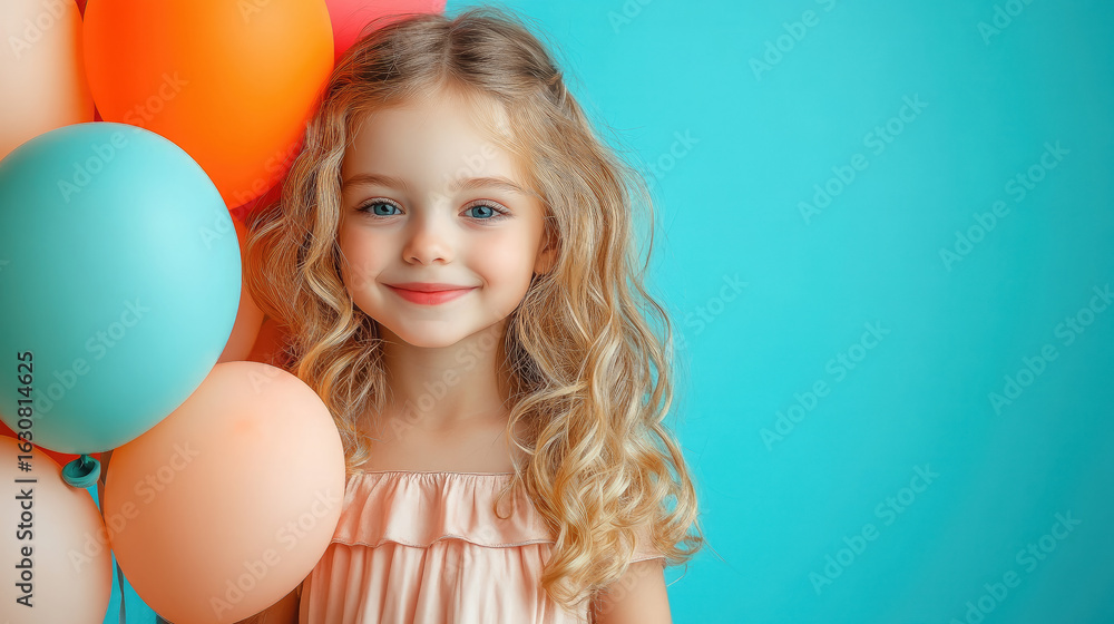 cute little smiling girl in fancy dress holding many balloons on solid blue color background, kids birthday party, celebration, child, childhood, fun, event agency for children, party cute little smiling girl in fancy dress holding many balloons on solid blue color background, kids birthday party, celebration, child, childhood, fun, event agency for children, party
