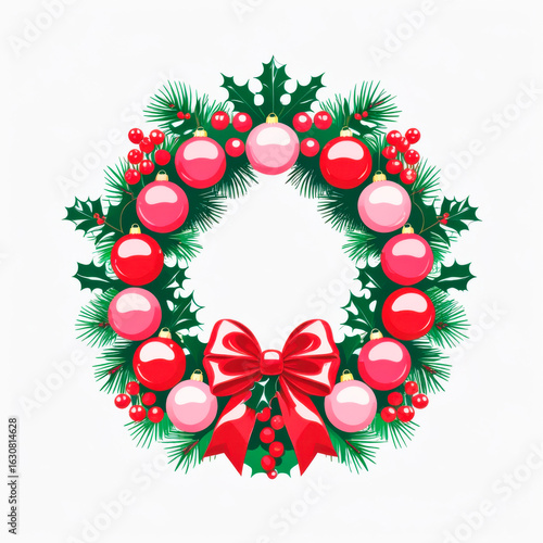Wallpaper Mural Festive Christmas Wreath with Pink & Red Ornaments, AI Generated Stock Image Torontodigital.ca