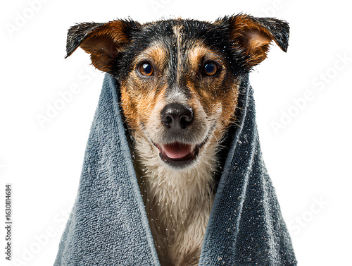 Wet dog wrapped in towel shaking off water white background