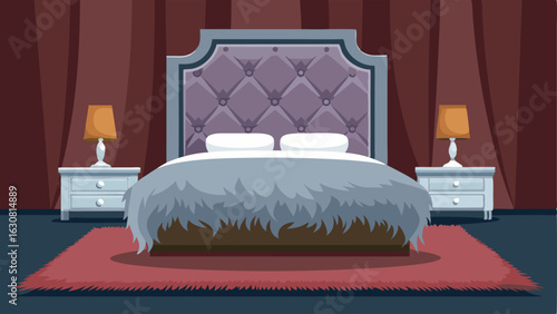 An elegant bedroom with a tufted headboard metallic wallpaper and a faux fur rug.