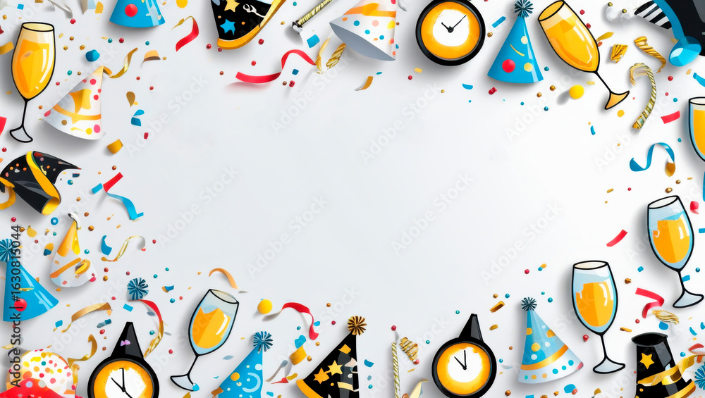 Obraz premium New Year Celebration Festive Layout with Party Hats and Confetti Background