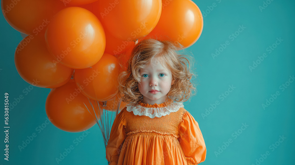 cute little smiling girl in fancy dress holding many balloons on solid color background, kids birthday party, celebration, child, childhood, fun, event agency for children, party