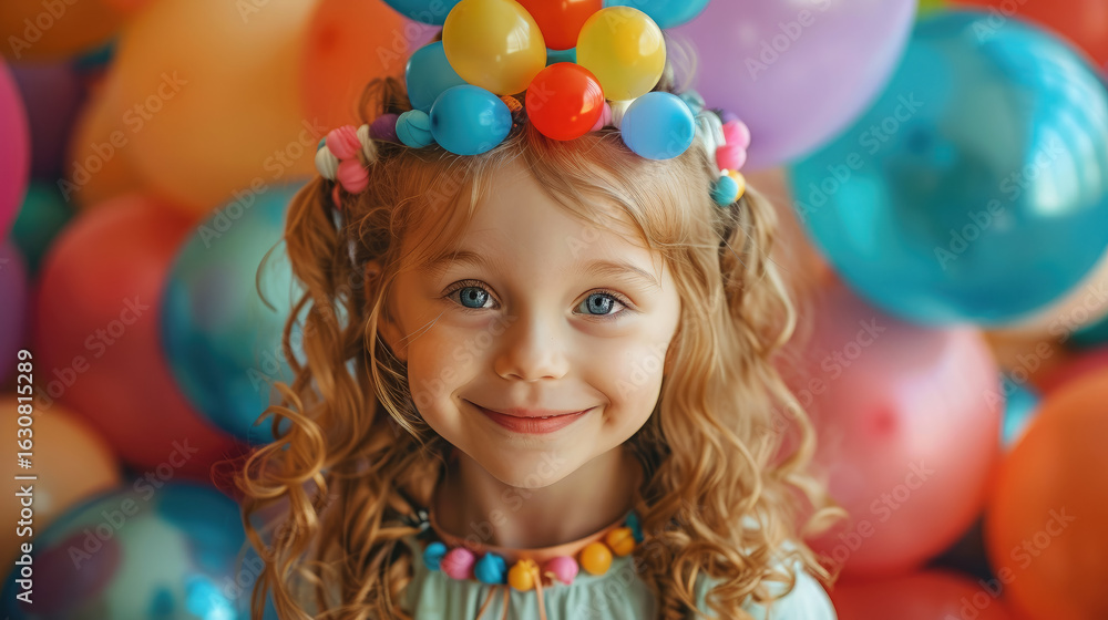 cute little smiling girl in fancy dress holding many balloons on solid color background, kids birthday party, celebration, child, childhood, fun, event agency for children, party