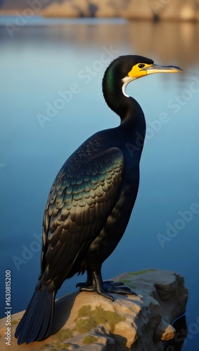 Great Cormorant Perched on Rock by Calm Water During Golden Hour