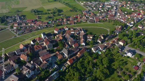 Aerial view of vineyards around the city Hohenhaslach, Sachsenheim in Germany on a sunny day in summer.