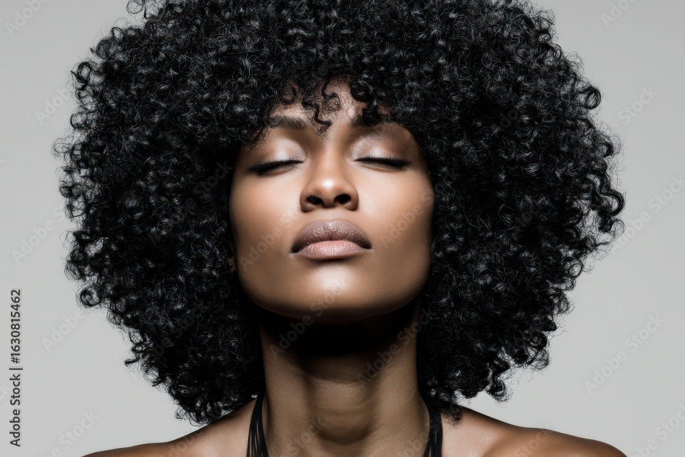 Fototapeta premium Captivating portrait of a serene woman with voluminous curly hair radiating confidence under studio lighting emphasizing powerful beauty and individual identity in a minimalist setting