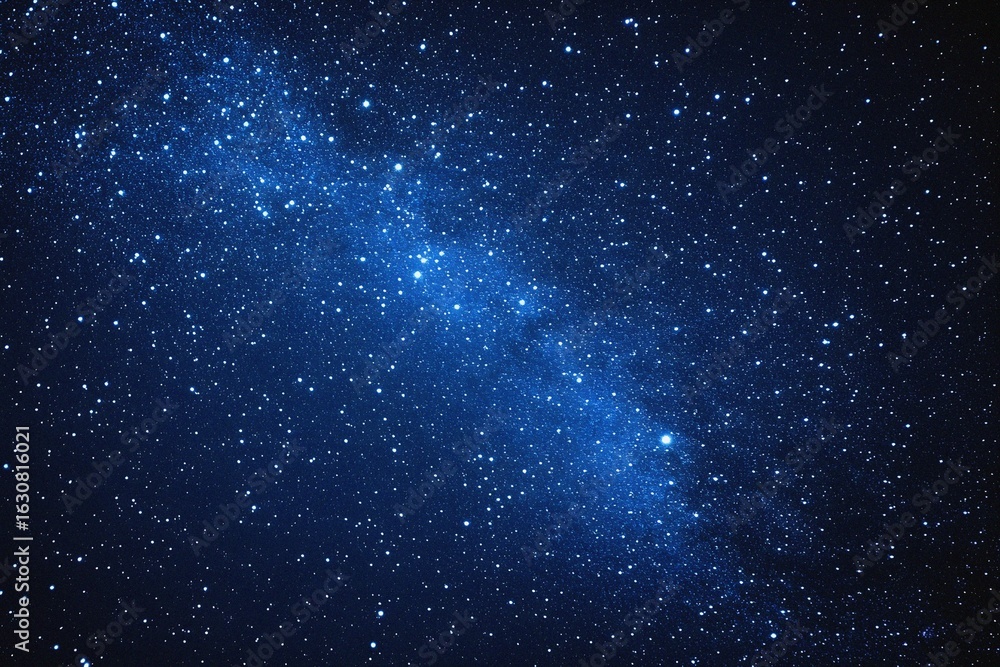 Fototapeta premium Starry sky background, blue night sky full of stars, glowing stars in the dark space, starry background, dark night, stars in the distance, starlight, dark background with a blue glow, night sky.