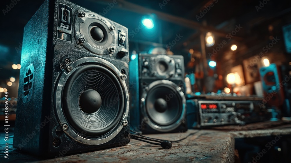 Fototapeta premium Vintage speakers on a dark surface, lit by blue light