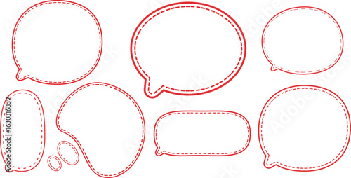 This is a collection of red-outlined speech bubbles.
The most prominent style features a double outline: a solid red line on the outside and a dashed red line on the inside.
