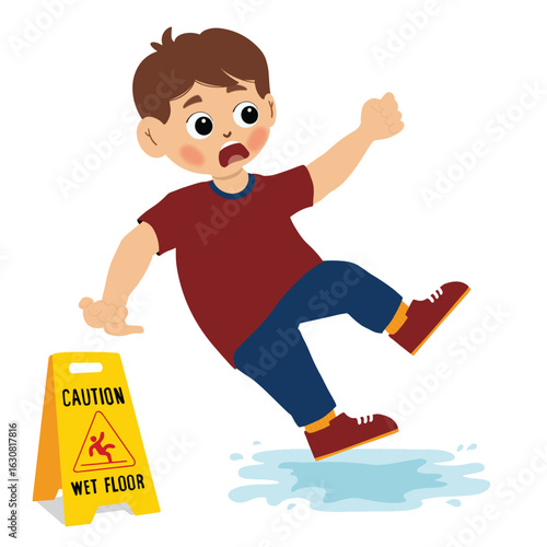 Cute little boy had accident slipping on wet floor and falling down near yellow caution sign. shock cute kid boy trip over wet floor