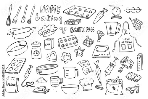 Set of baking theme. Confectionery. Kitchen tools, kitchenware, kitchen equipments in doodle style. Love cooking. Home baking. Vector illustration for restaurant menu, recipe book and wallpaper.