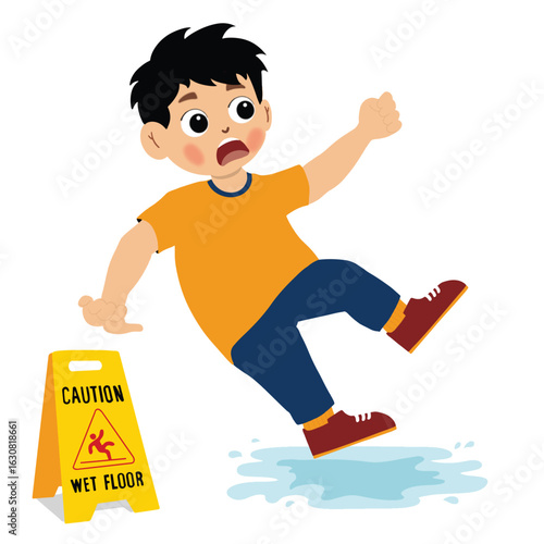 Cute little boy had accident slipping on wet floor and falling down near yellow caution sign. shock cute kid boy trip over wet floor