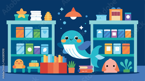 A gift shop with shelves filled with plush sea creatures educational books and souvenirs all featuring the aquariums logo and branding.