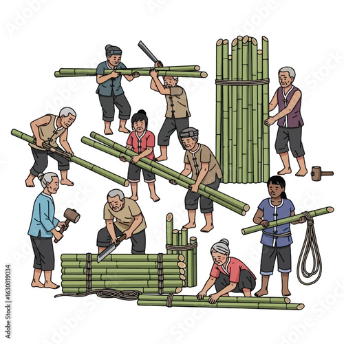 A community collaboratively constructs a bamboo structure, showcasing various stages of the building process.