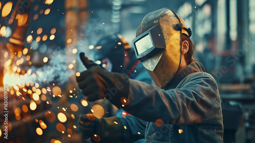 Charismatic female welder giving a thumbs up in a professional workshop. Perfect for illustrating skilled trades, women in male-dominated industries, and job satisfaction.