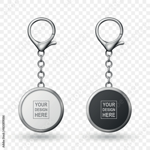 Vector Keychain Icon Set, Isolated. Realistic Round Keychain Design for Branding. Blank Keychain Mockup for Logo. Luxury Metallic Keychain Template for Custom Accessory Design