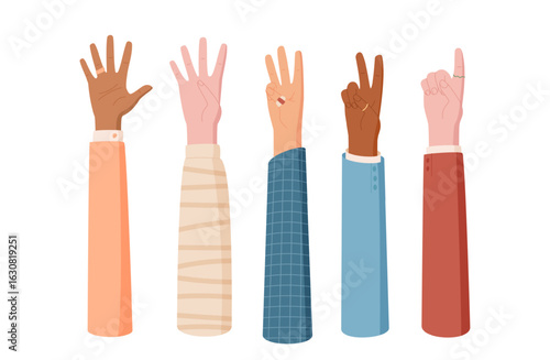Flat cartoon hand count gesture set. Diverse fingers show count and number with colorful clothes. Isolated concept for educational use in schools and learning environments.