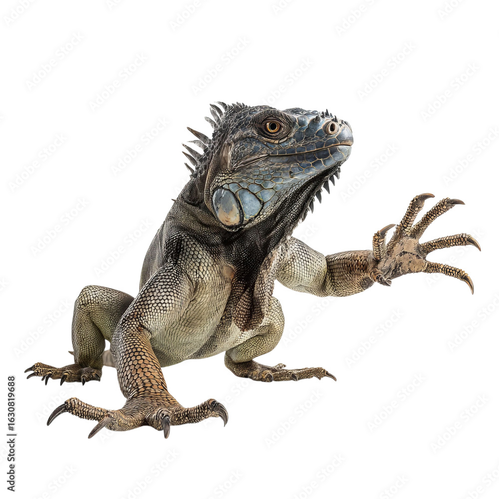 Obraz premium Png of A striking iguana with vibrant scales posing gracefully against a transparent background.