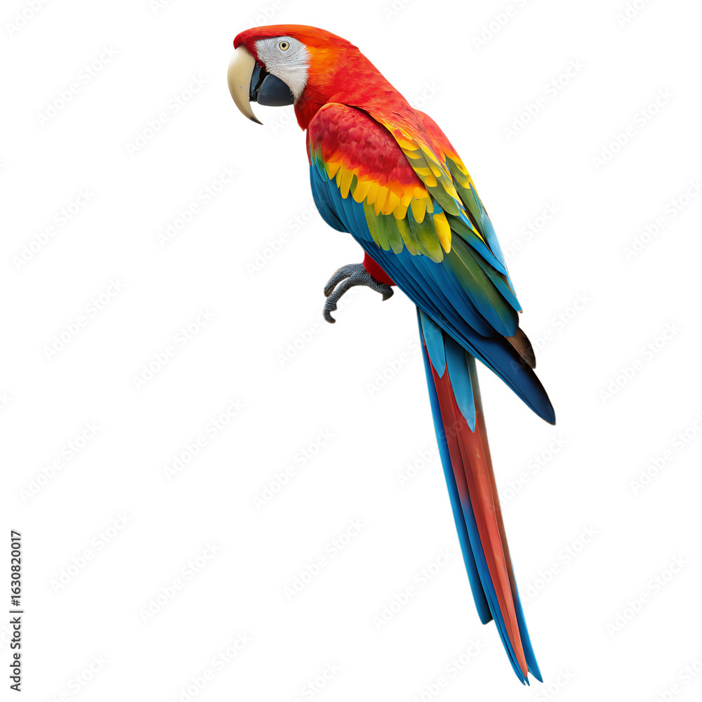 Fototapeta premium Photo of colorful macaw parrot perched, isolated on transparent background