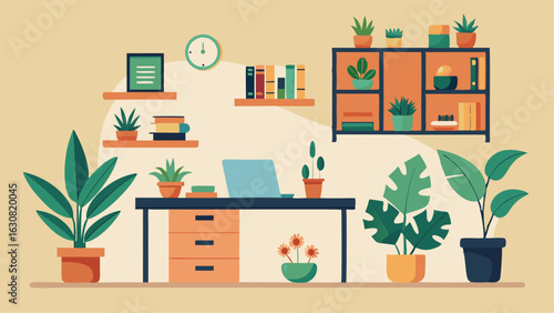 A home office with a minimalistic desk and shelves displaying a collection of small succulent plants and a large tropical print.