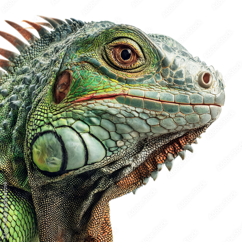 Fototapeta premium Png of Close-up of a vibrant green iguana showcasing its detailed scales and textured skin.