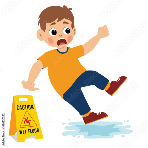 Cute little boy had accident slipping on wet floor and falling down near yellow caution sign. shock cute kid boy trip over wet floor