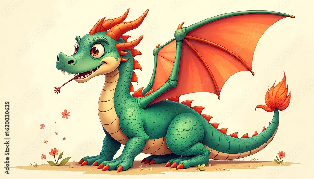 Fototapeta premium vector Cute whimsical dragon illustration, Cute cartoon dragon, kids cartoon, created with generative ai
