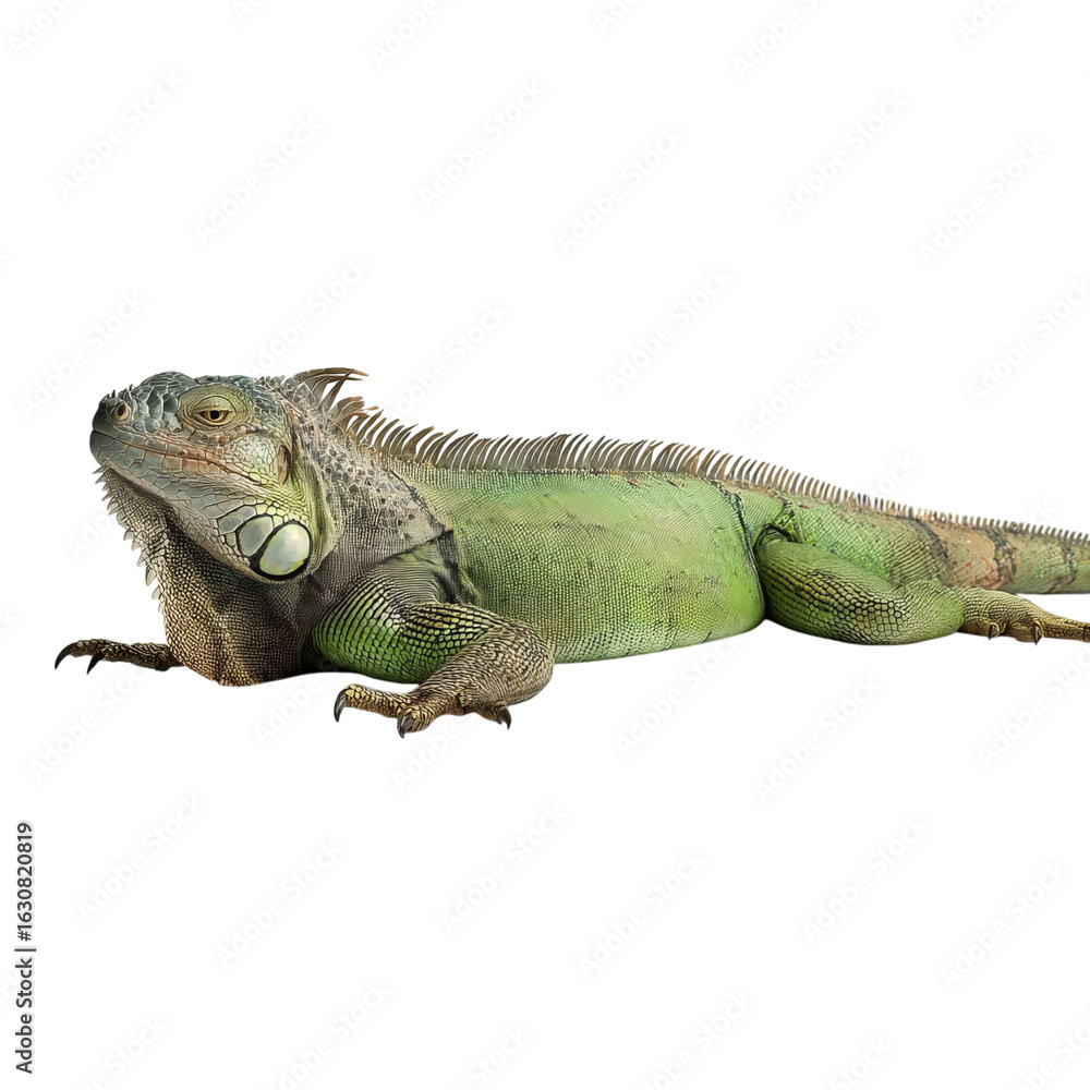 Fototapeta premium Png of A vibrant green iguana basking under soft lighting, showcasing its distinctive scales and calm demeanor.