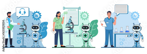 Modern Illustrations of Human AI Collaboration in Healthcare with Doctor Nurse and Researcher Interacting with Artificial Intelligence in Medical Settings. Creative Vector illustration.