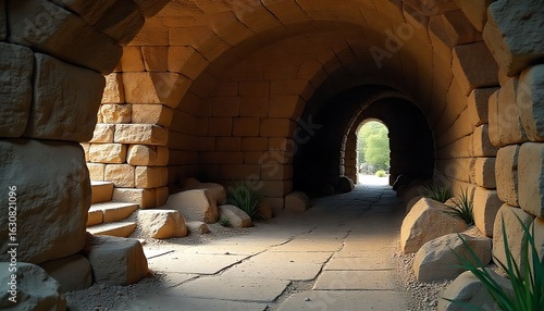 Ancient subterranean dwelling with a stone gateway, Medieval entrance to Skenfrith Castle grounds, created with generative ai