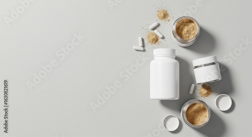 Wallpaper Mural White bottles and jars with light beige powder and pills on a gray surface Torontodigital.ca