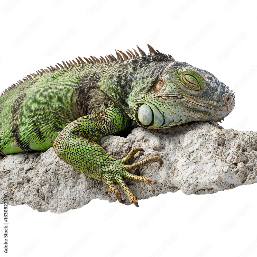Fototapeta premium Png of A detailed close-up of a green iguana resting on a textured rock, showcasing its vibrant scales and peaceful demeanor.